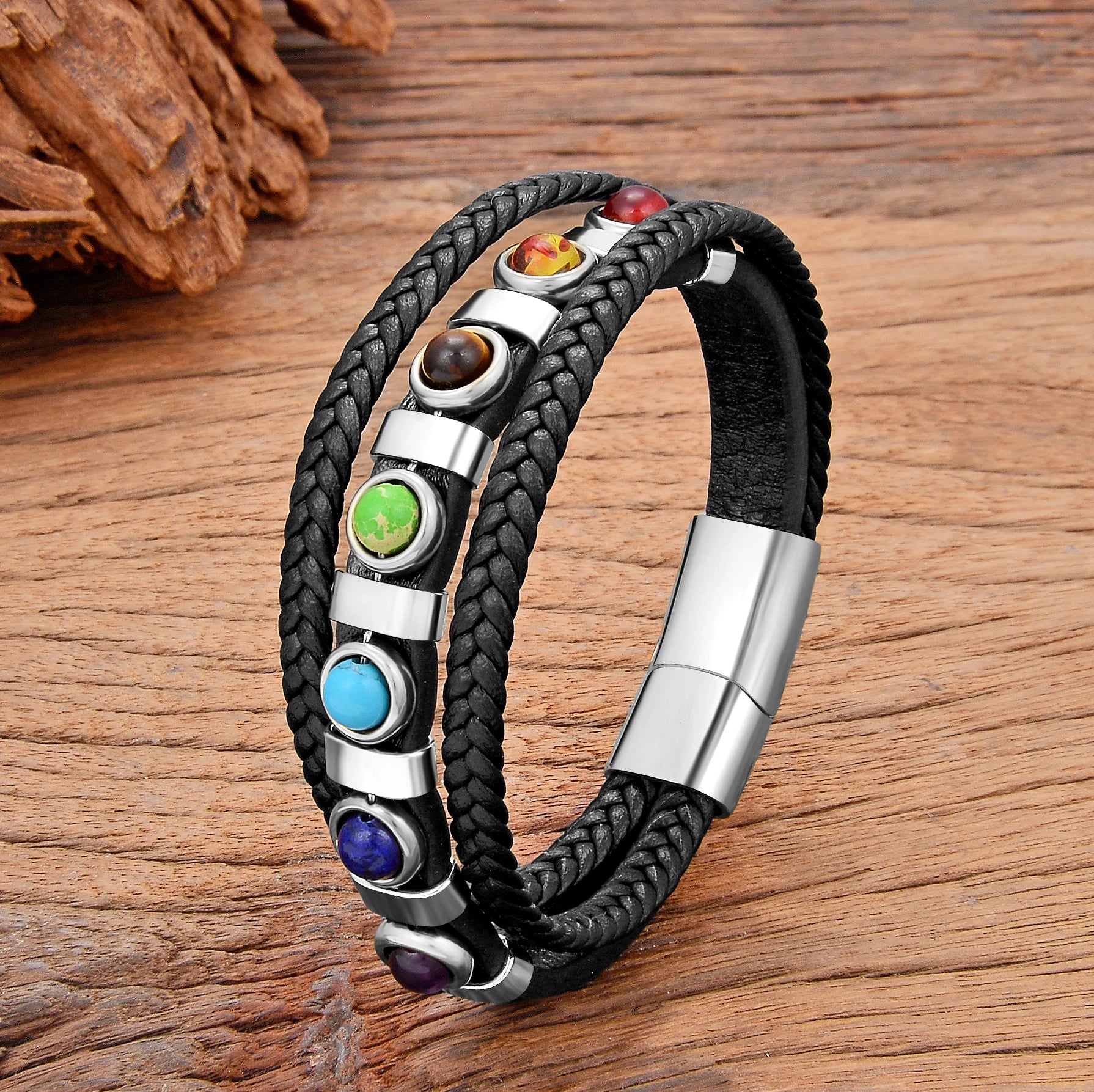 Pulsera de Cuero 7 Chakras Hombre plata