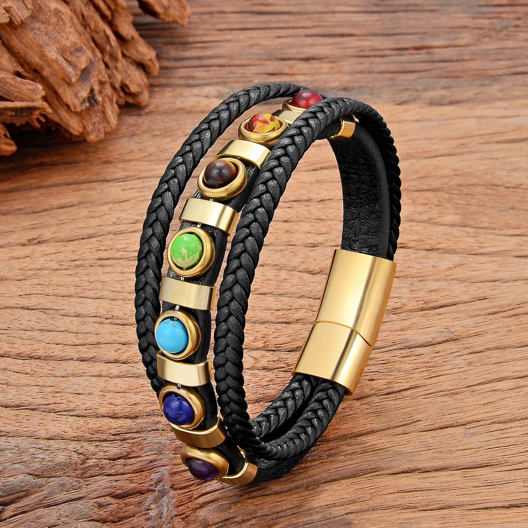 Pulsera de Cuero 7 Chakras Hombre oro