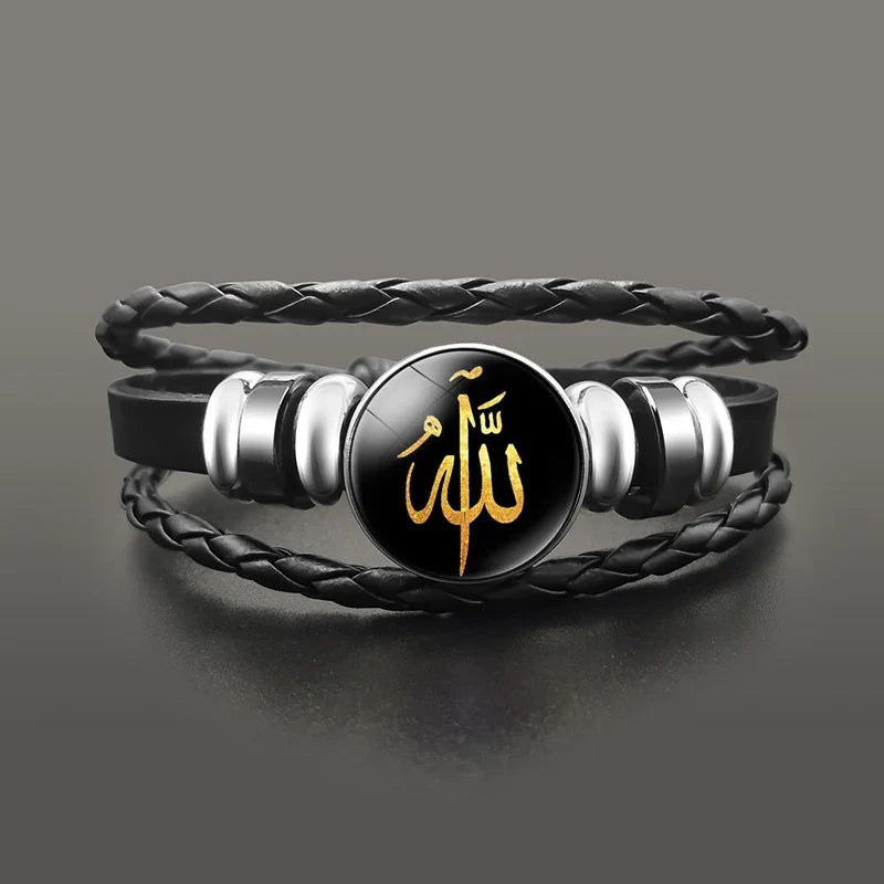 Pulsera de cuero Allah árabe musulmán oro