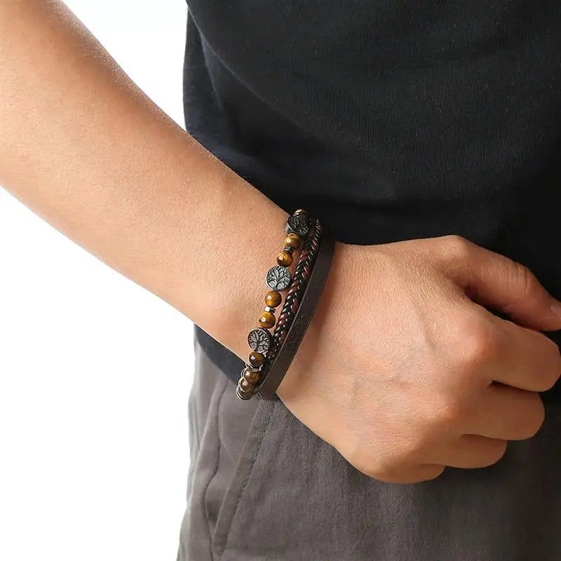 Pulsera de Cuero Árbol de la Vida Perlas Hombre