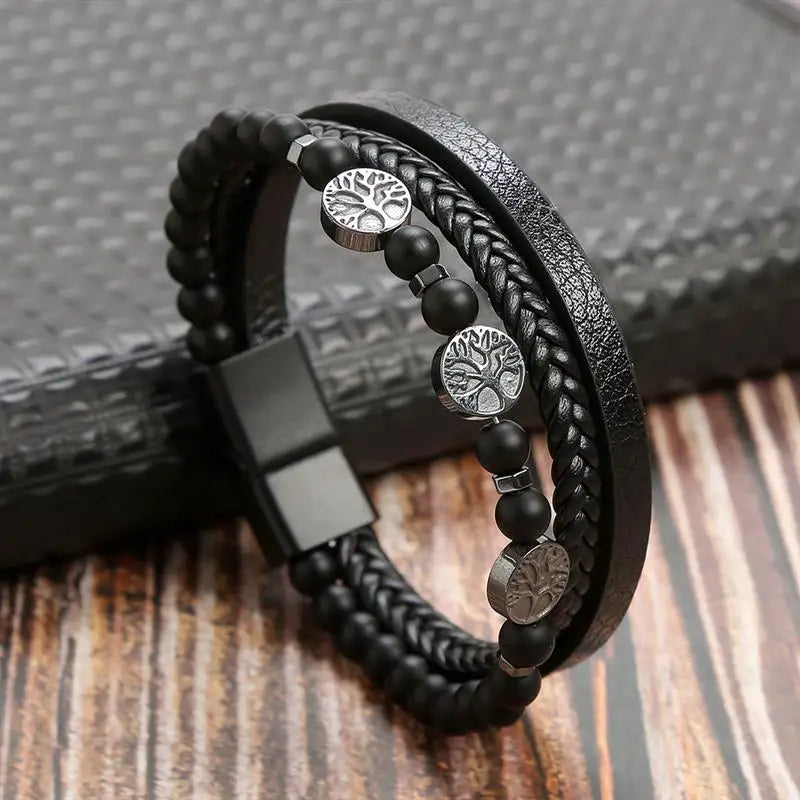 Pulsera de Cuero Árbol de la Vida Perlas Hombre estilo 2