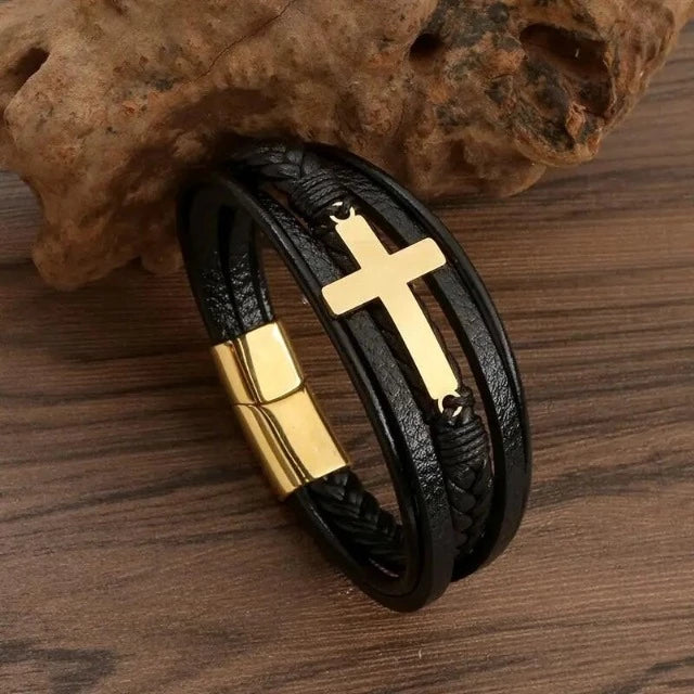 Pulsera de Cuero con Cruz para Hombre 