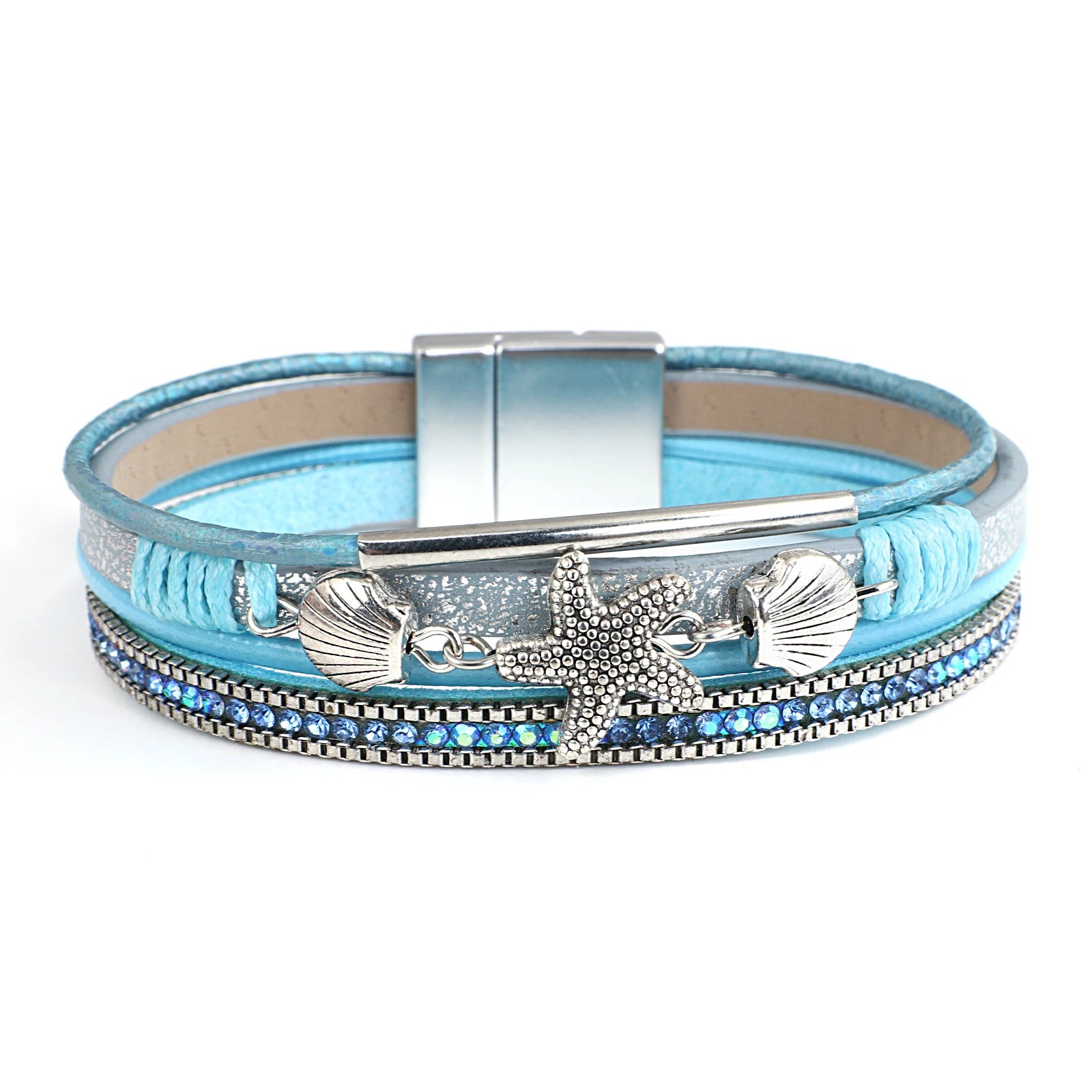 Pulsera de cuero con concha y estrella de mar azul
