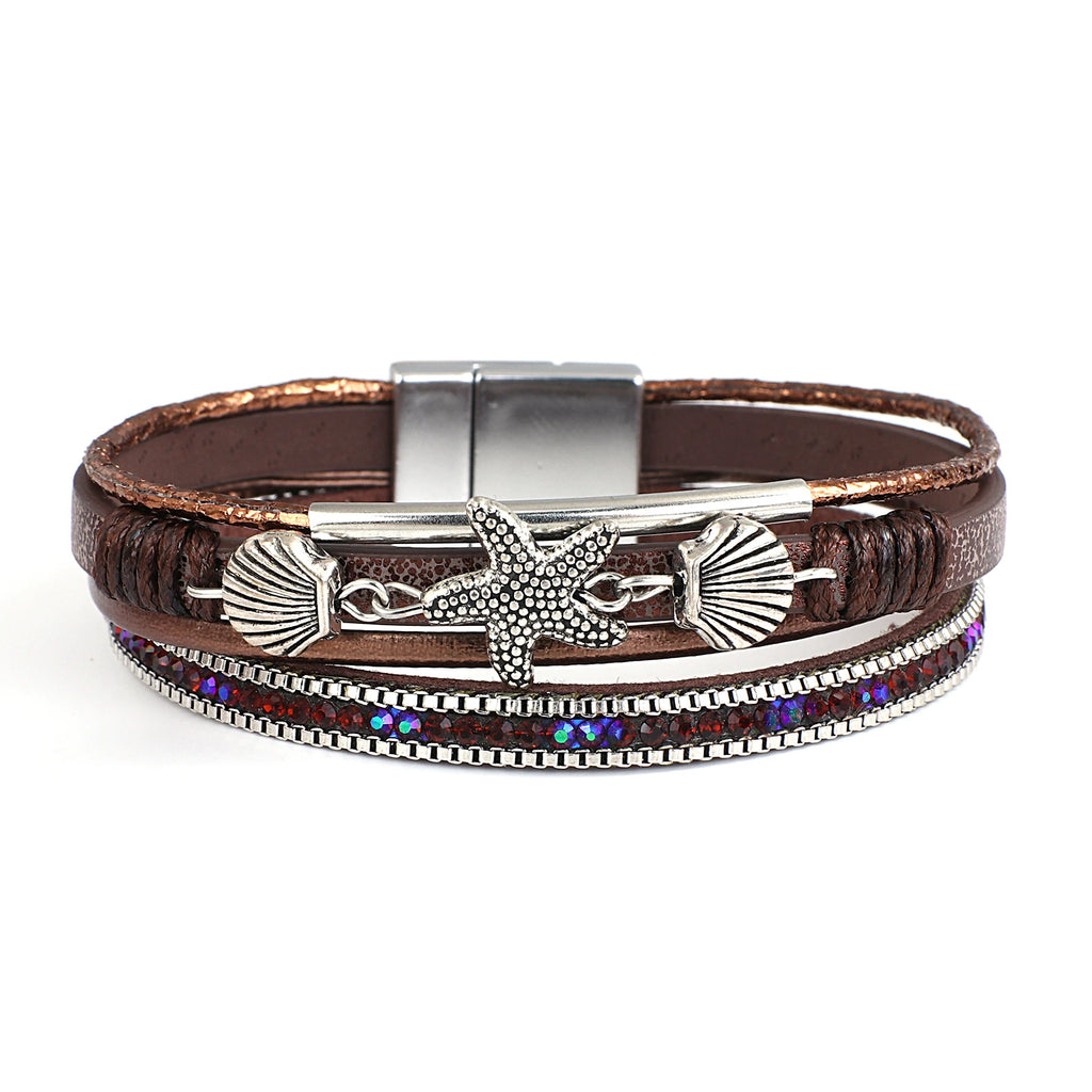 Pulsera de cuero con concha y estrella de mar marrón