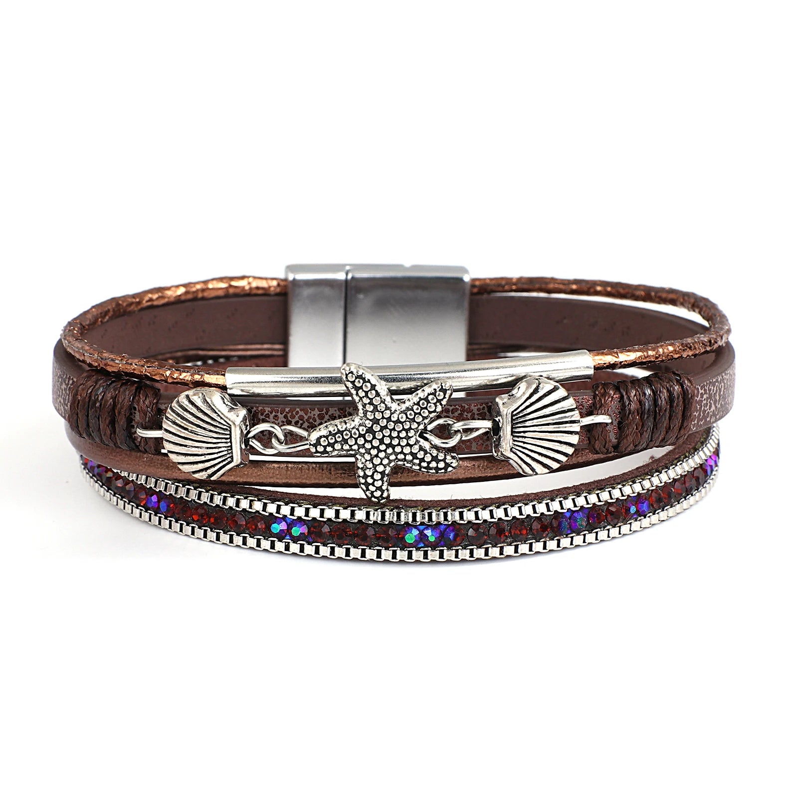 Pulsera de cuero con concha y estrella de mar marrón