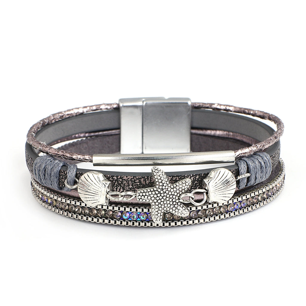 Pulsera de cuero con concha y estrella de mar gris