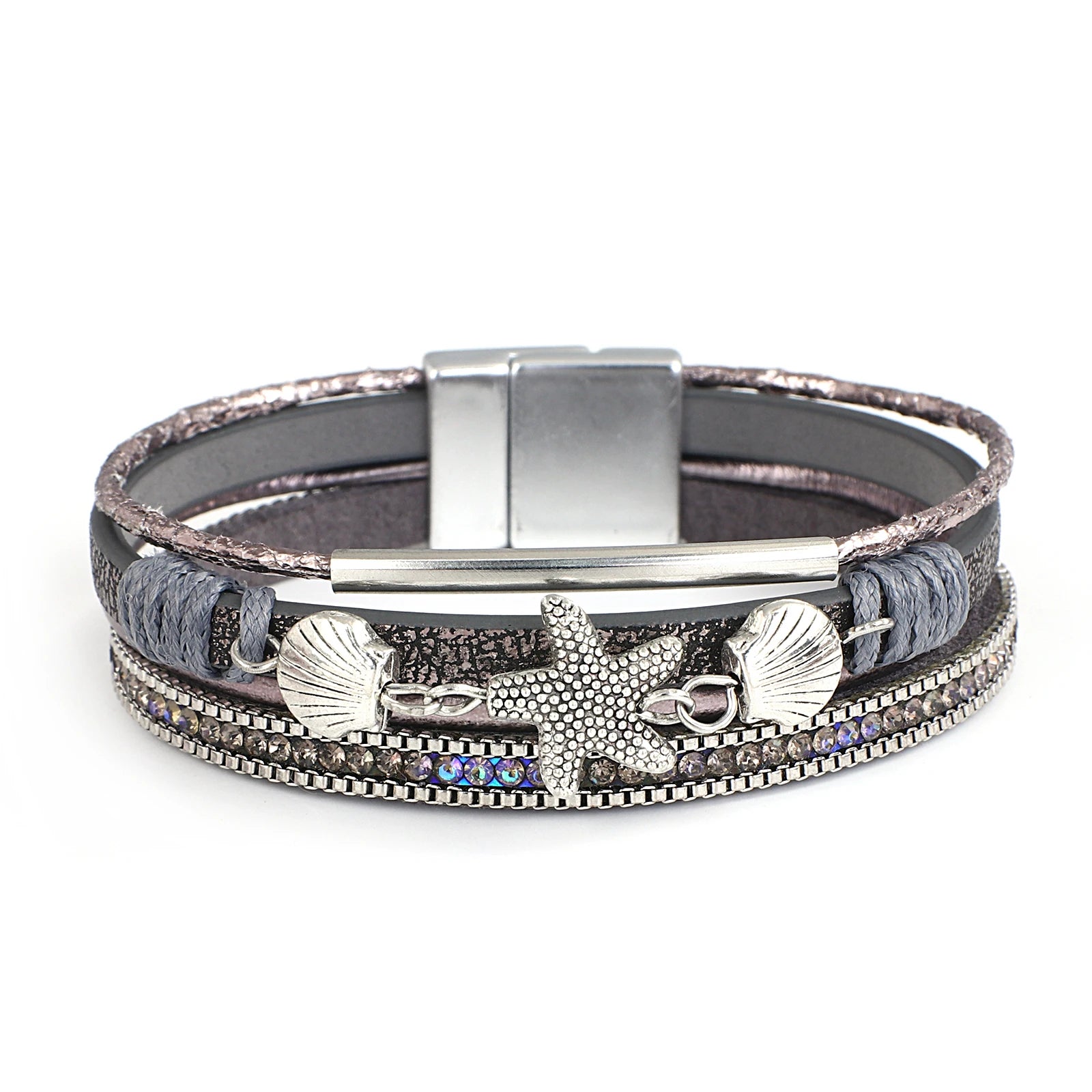 Pulsera de cuero con concha y estrella de mar gris
