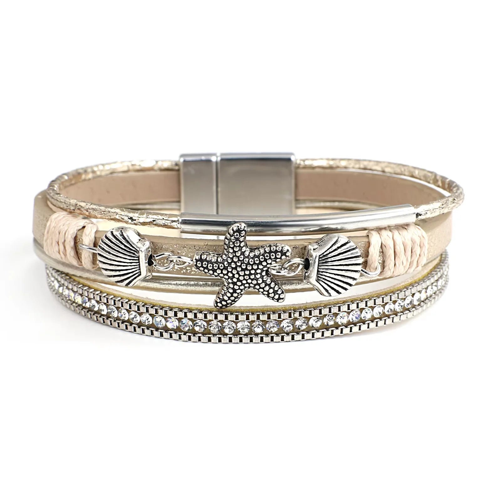 Pulsera de cuero con concha y estrella de mar en oro blanco