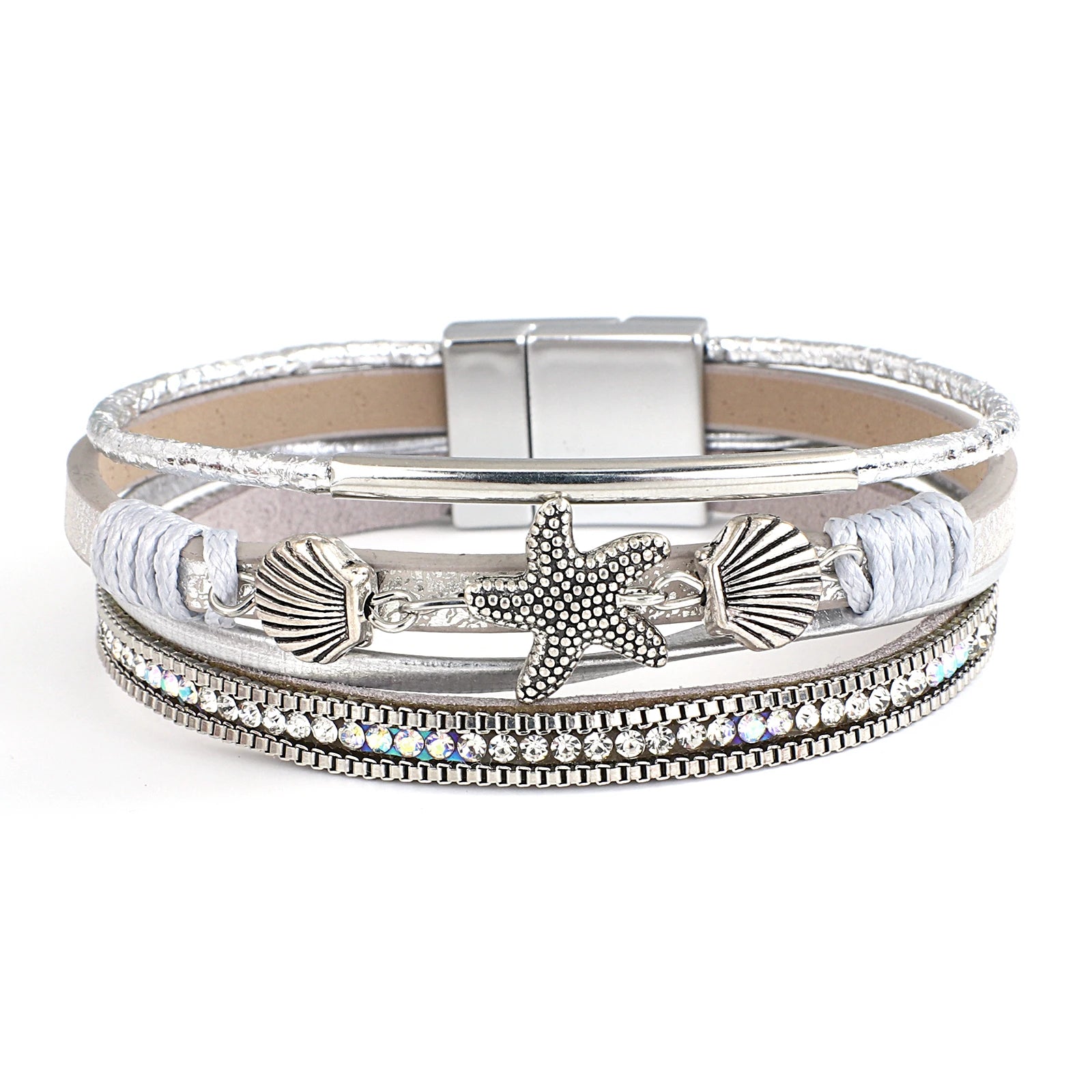 Pulsera de cuero con concha y estrella de mar plata