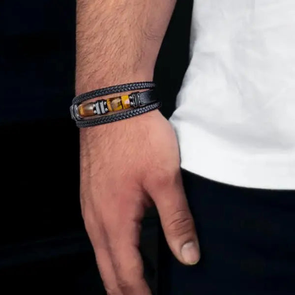 Pulsera de Cuero y Piedras Ojo de Tigre