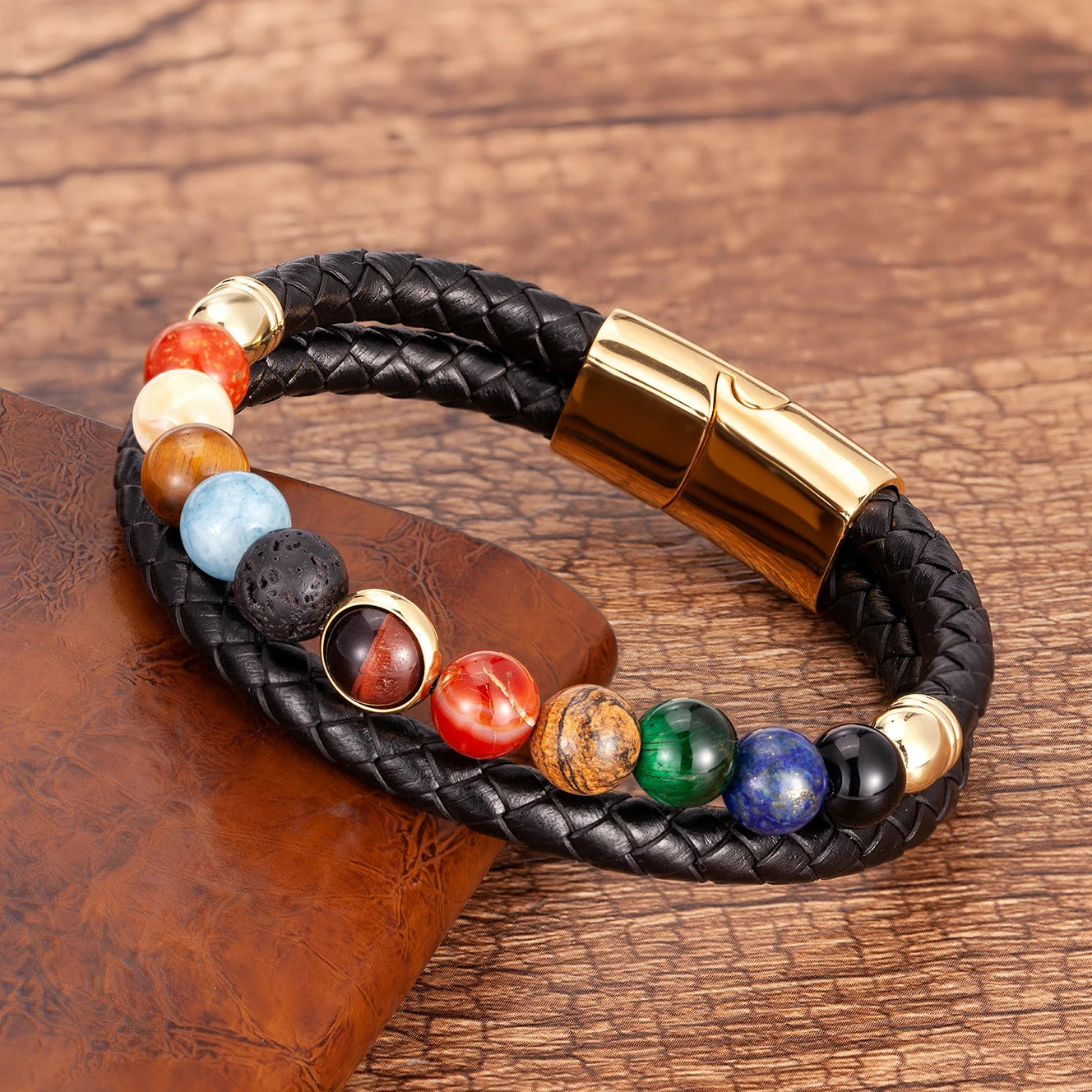 Pulsera de Cuero con Piedras 7 Chakras Hombre Mujer oro estilo a