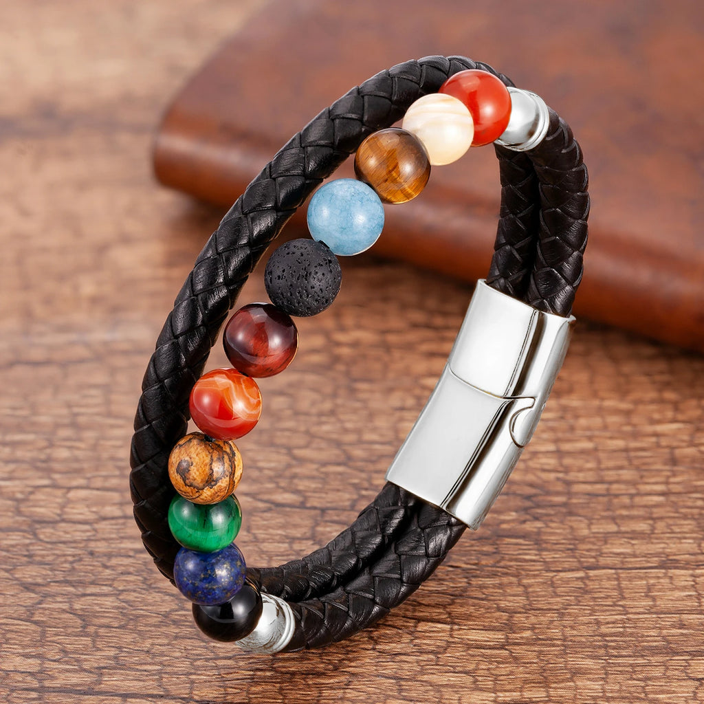 Pulsera de Cuero con Piedras 7 Chakras Hombre Mujer plata estilo b
