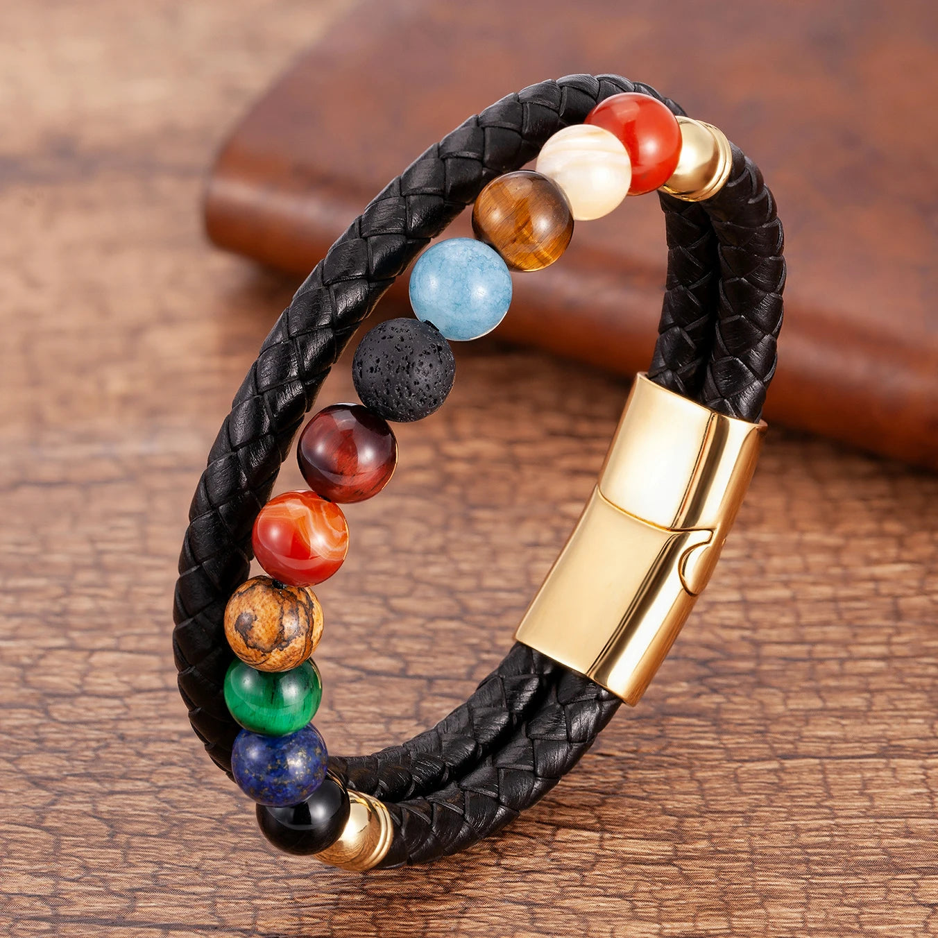 Pulsera de Cuero con Piedras 7 Chakras Hombre Mujer oro estilo b