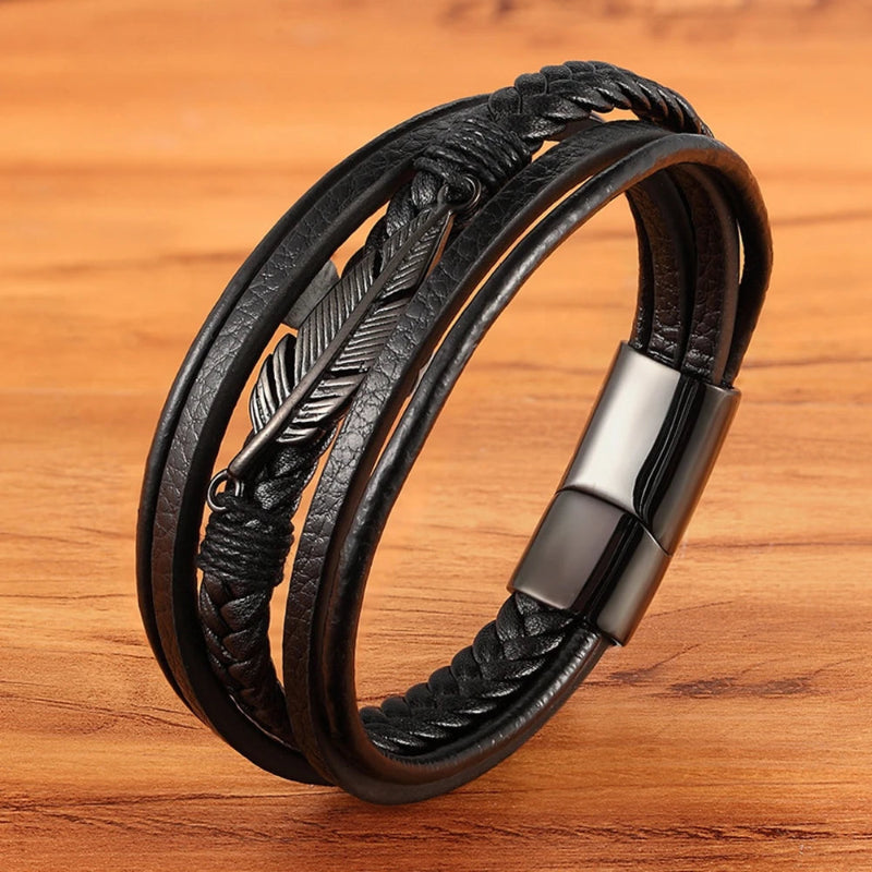 Pulsera de Cuero Pluma Hombre negro