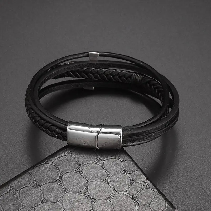 Pulsera de Cuero Trenzado Egipcio Cruz de Ankh plata