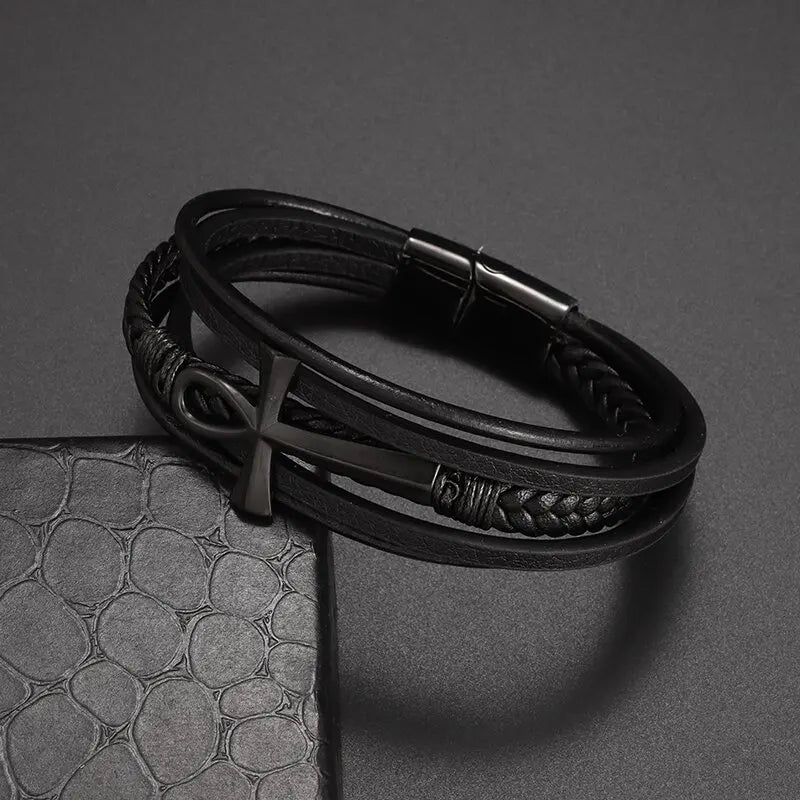 Pulsera de Cuero Trenzado Egipcio Cruz de Ankh negro