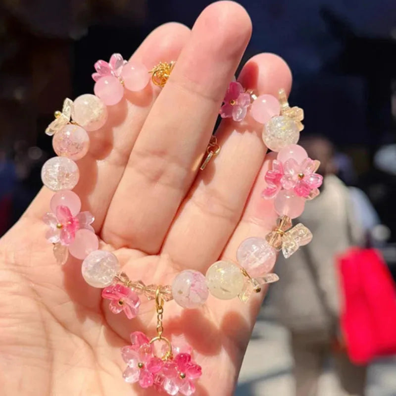 Pulsera de Perlas con Flores rosa