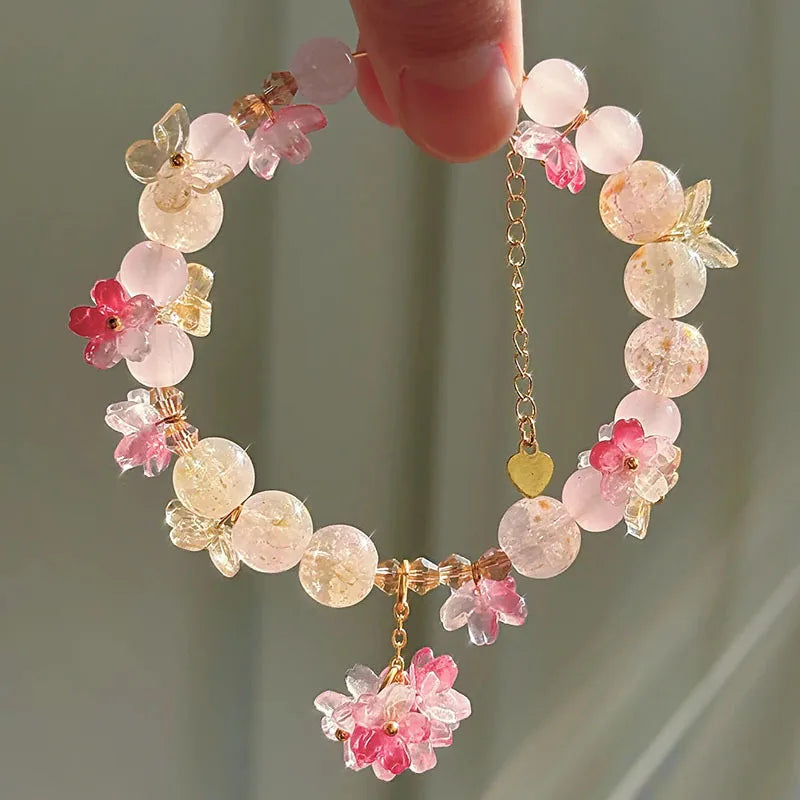 Pulsera de Perlas con Flores rosa