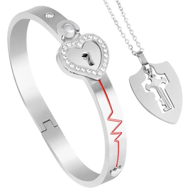 Pulsera y Collar Llave Corazón para Pareja plata