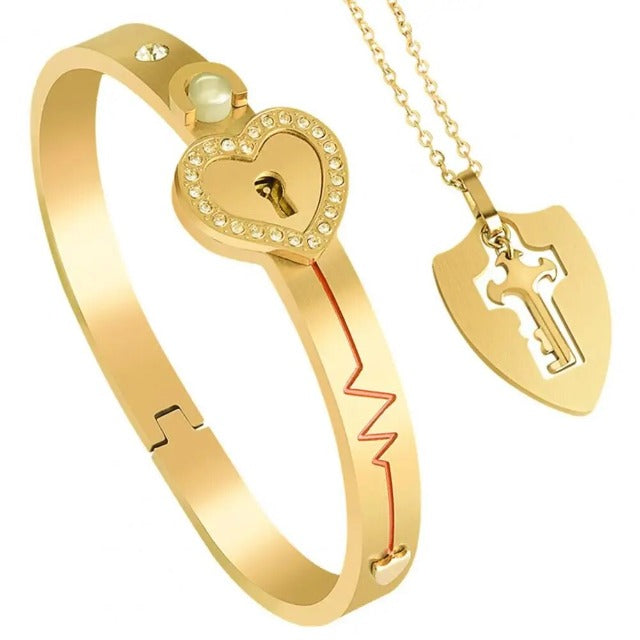 Pulsera y Collar Llave Corazón para Pareja oro
