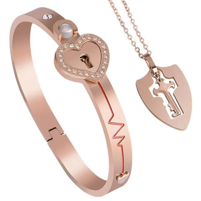 Pulsera y Collar Llave Corazón para Pareja oro rosa