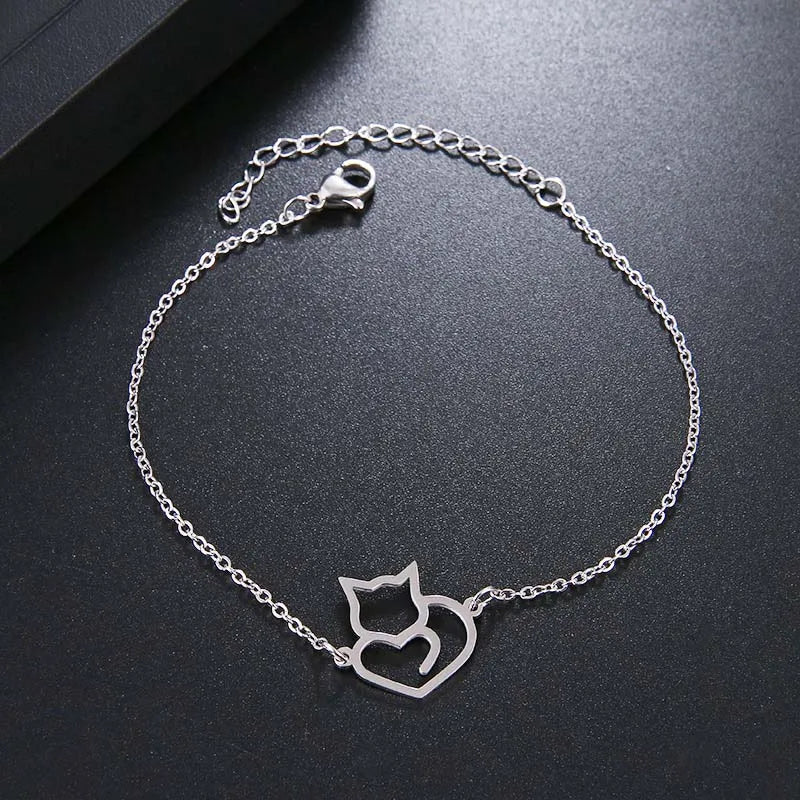 Pulsera de identificación Gato Corazón plata