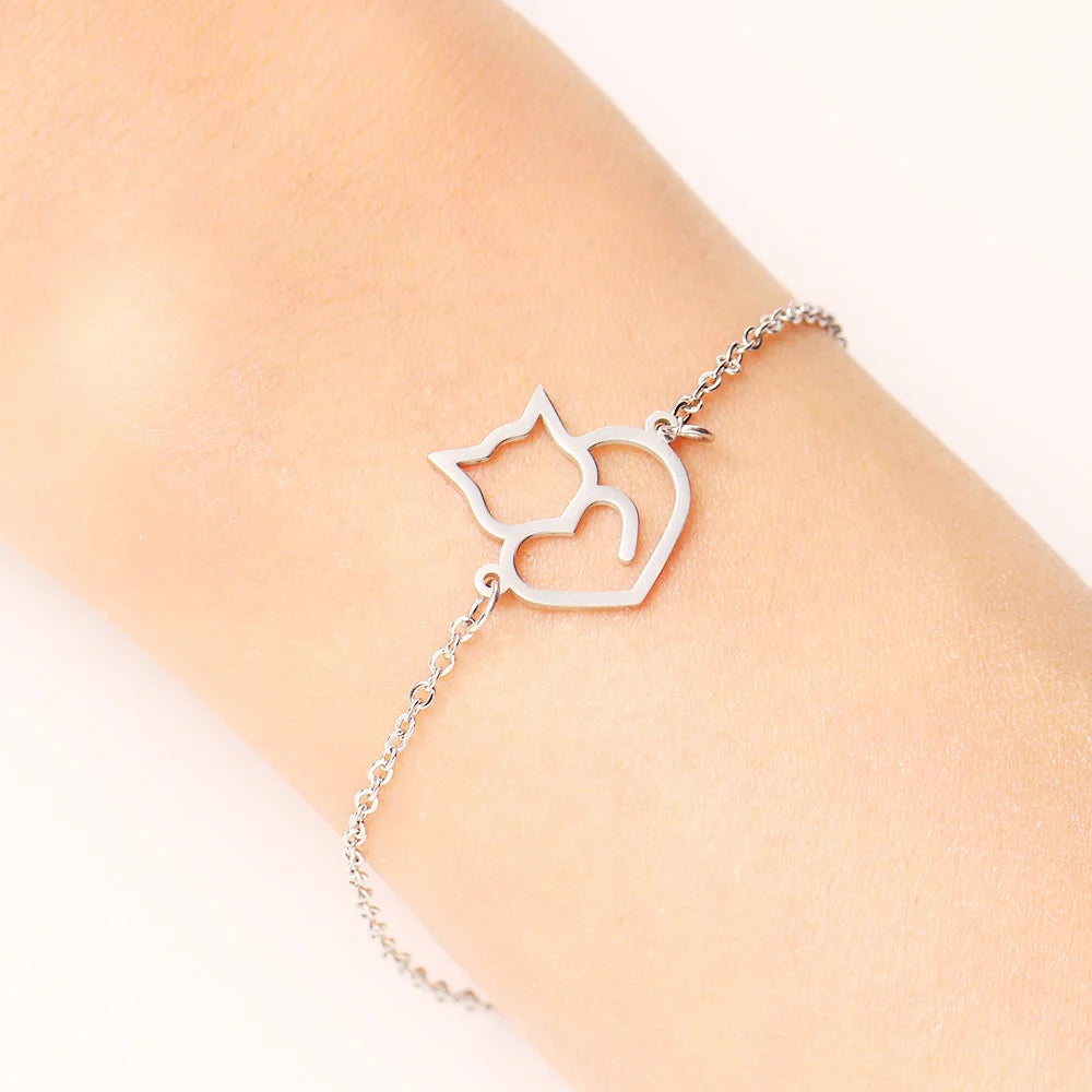 Pulsera de identificación Gato Corazón plata