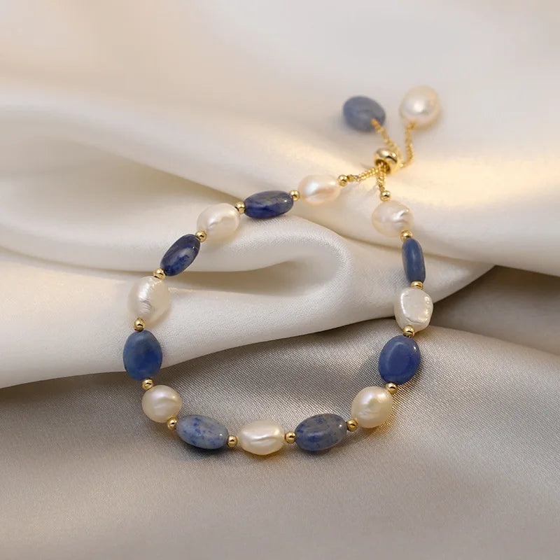 Pulsera Gourmette de Perlas Naturales Azules y Blancas
