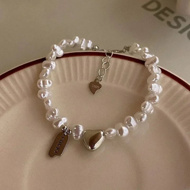 Pulsera Gourmette Mujer con Perlas y Corazón 