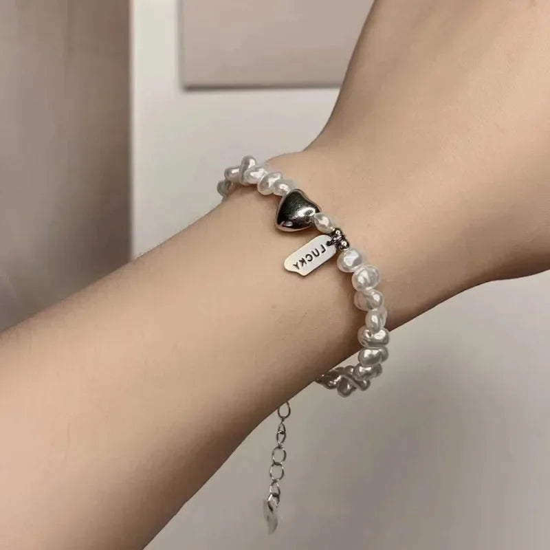 Pulsera Gourmette Mujer con Perlas y Corazón