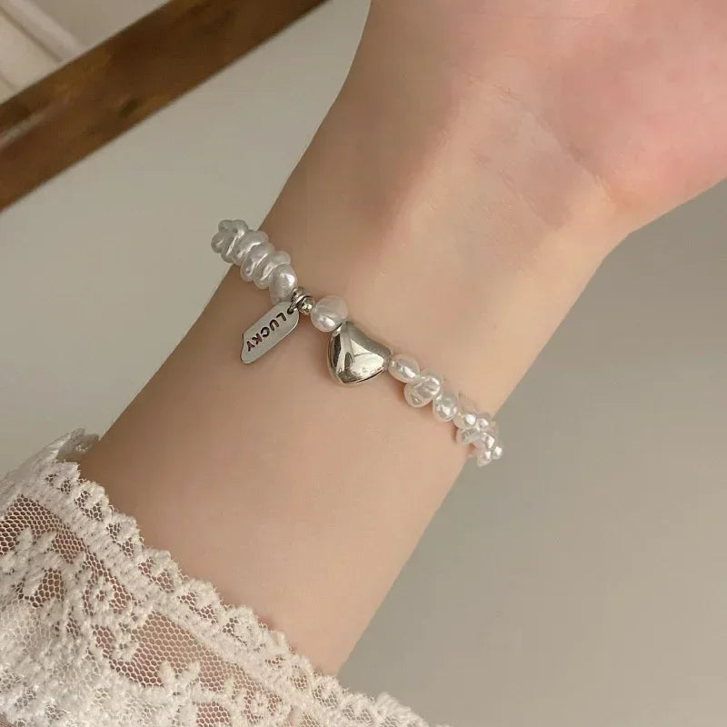 Pulsera Gourmette Mujer con Perlas y Corazón