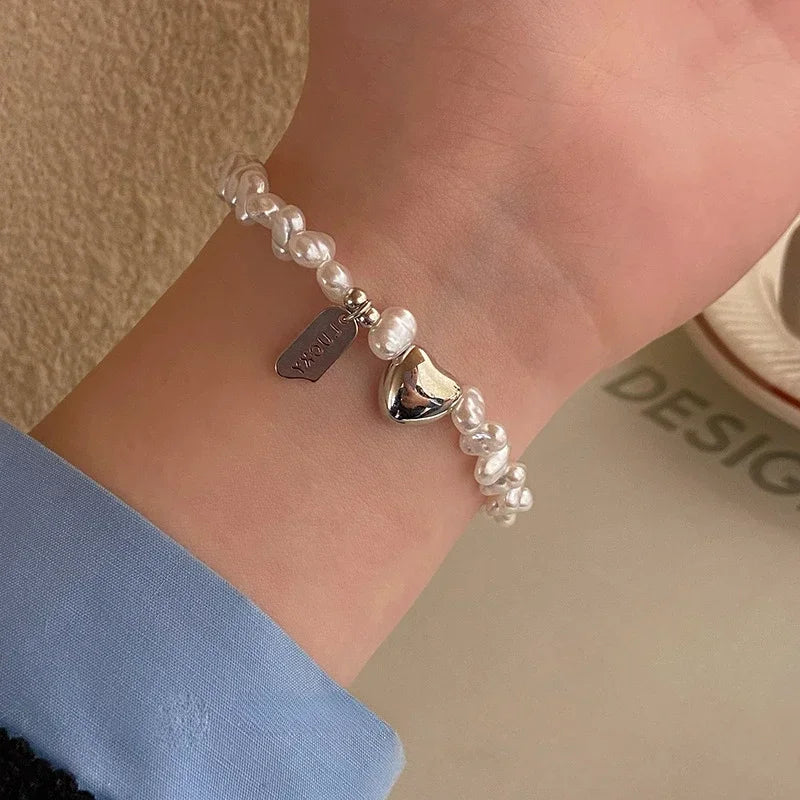 Pulsera Gourmette Mujer con Perlas y Corazón