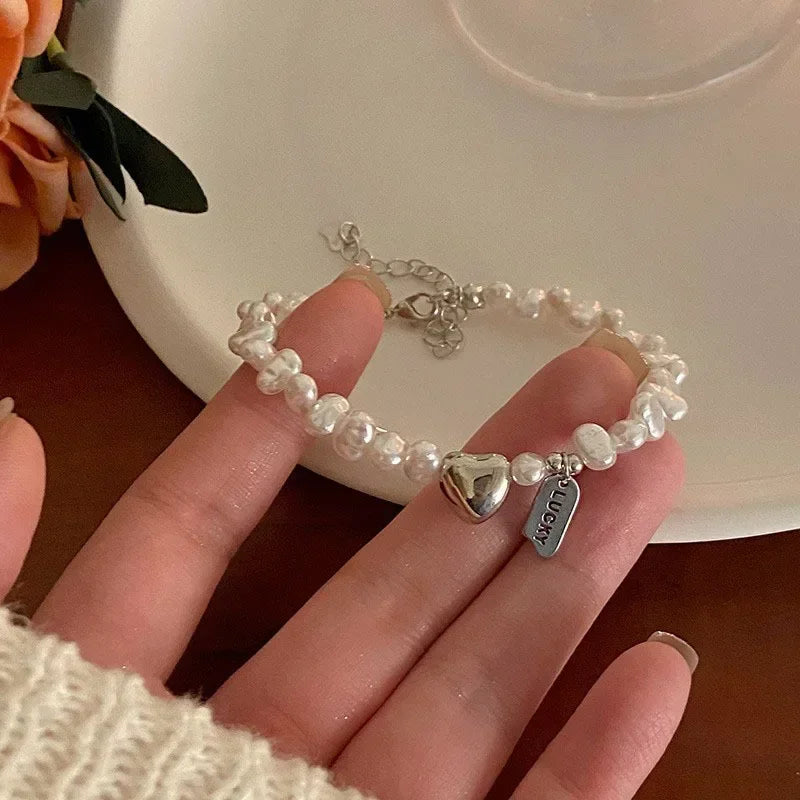Pulsera Gourmette Mujer con Perlas y Corazón
