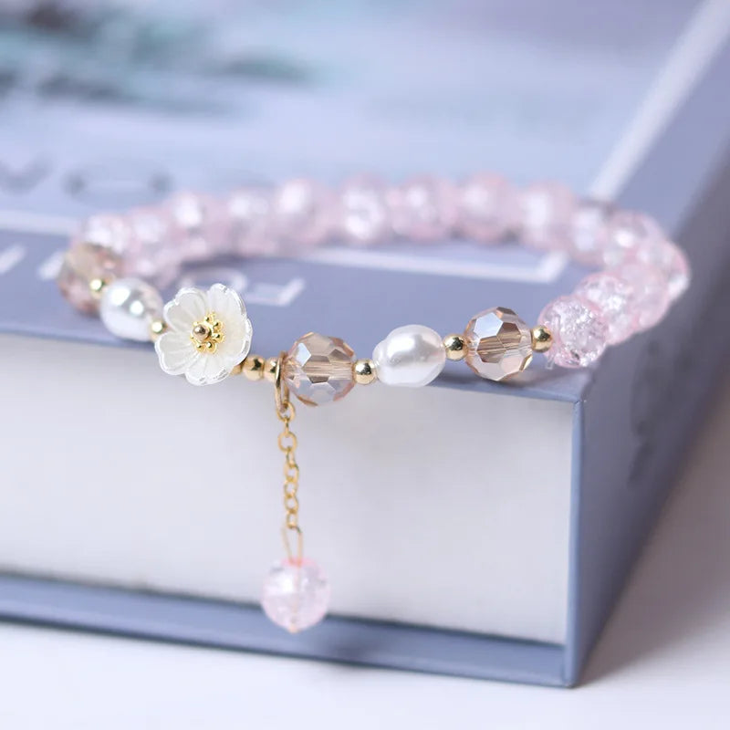 Pulsera Gourmette Flor en Cristal rosa