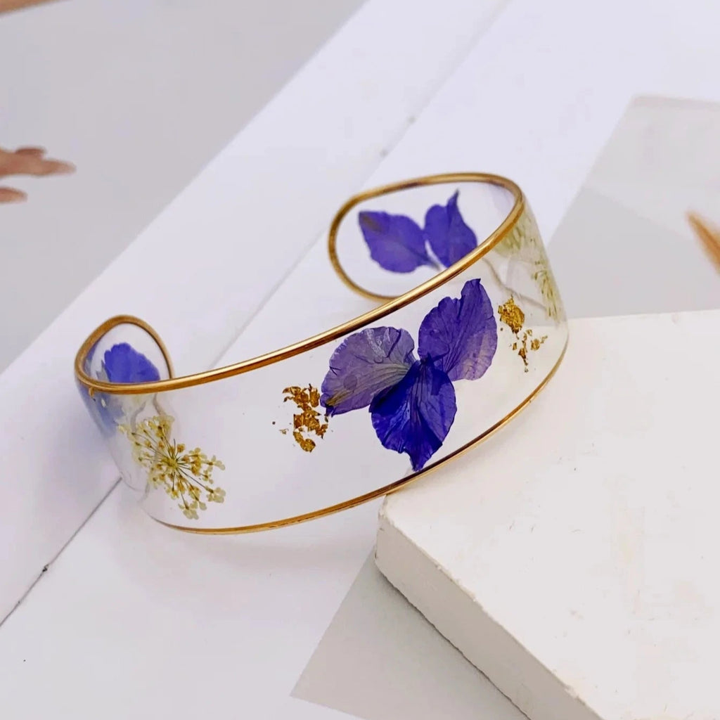 Pulsera Gourmette Flor en Resina Transparente Azul Oscuro a