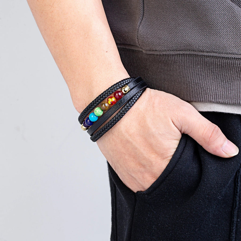 Pulsera de Hombre de Cuero 7 Chakras