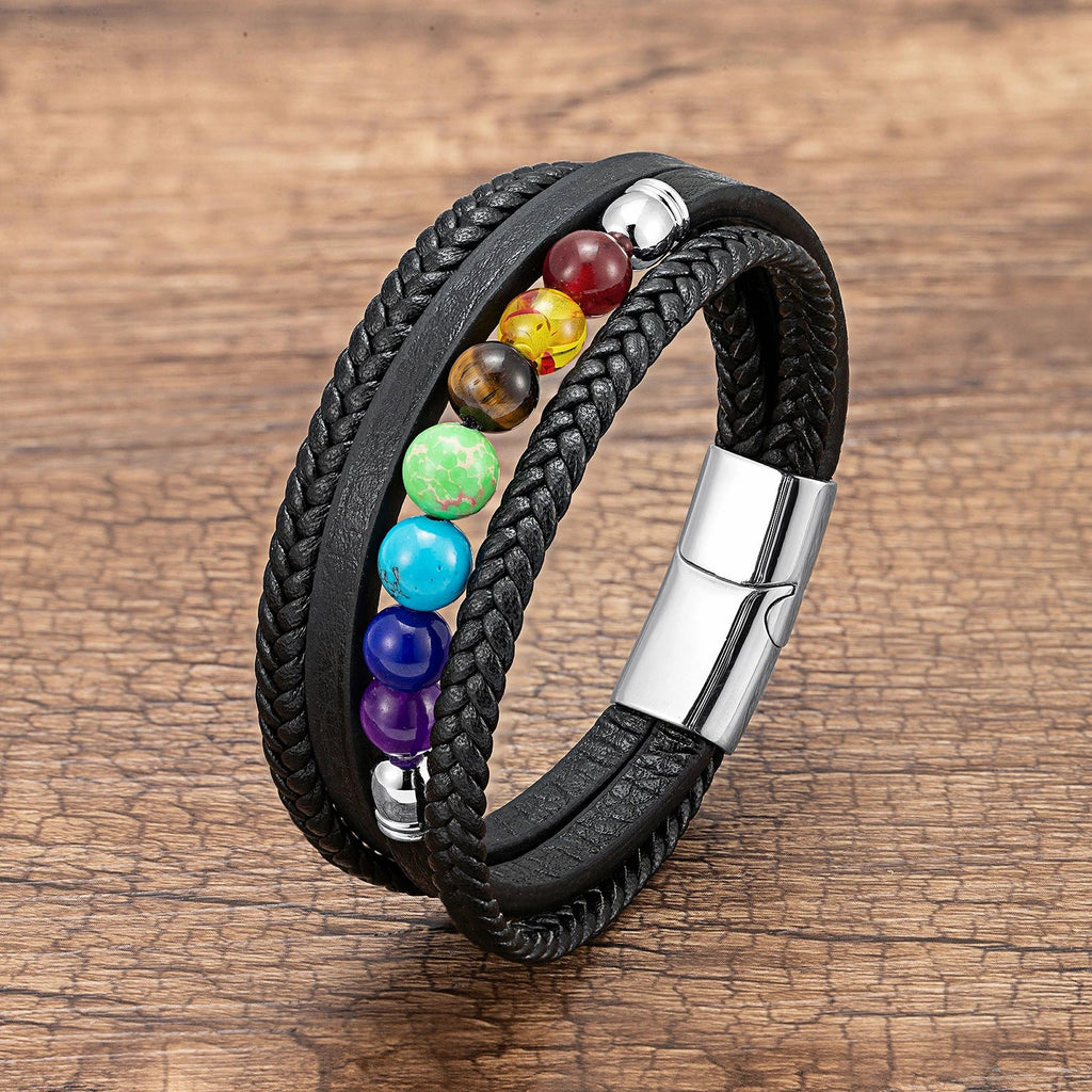 Pulsera de Hombre de Cuero 7 Chakras plata
