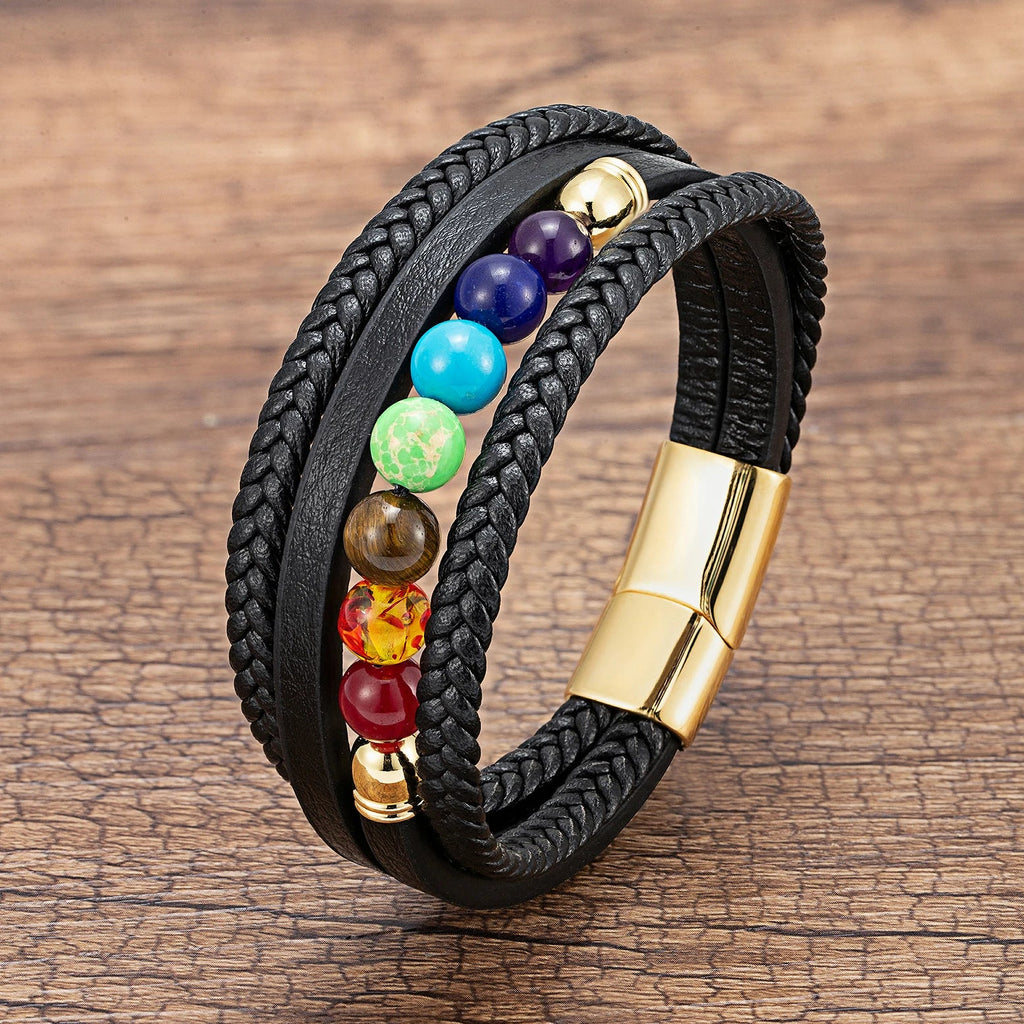 Pulsera de Hombre de Cuero 7 Chakras oro
