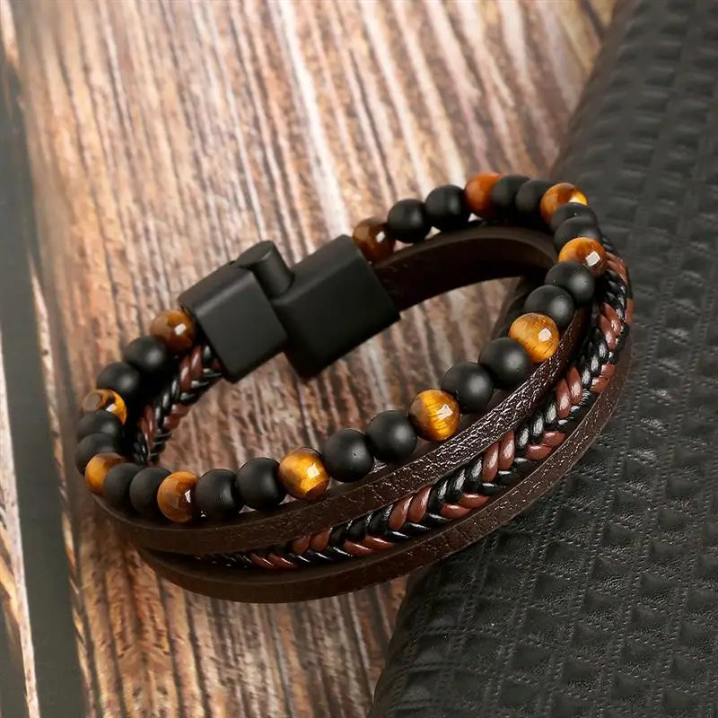 Pulsera Hombre Ojo de Tigre en Cuero 