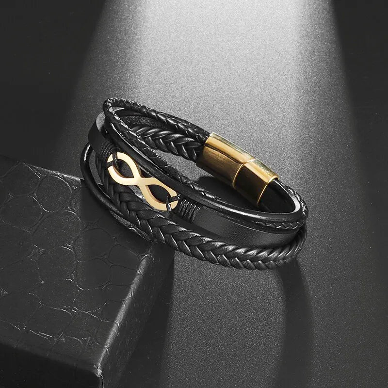 Pulsera Infinito Cuero negro negro y oro