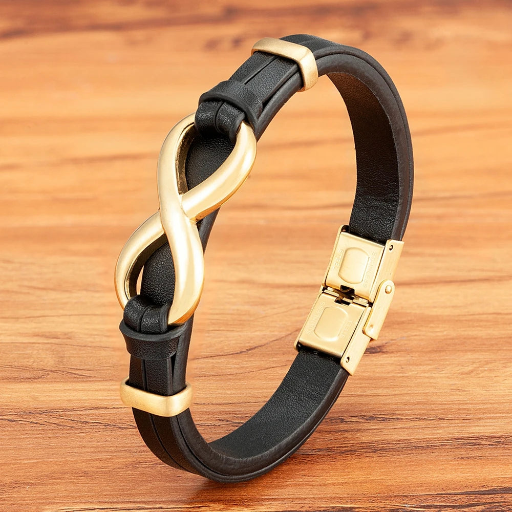 Pulsera Infinito Cuero negro y oro