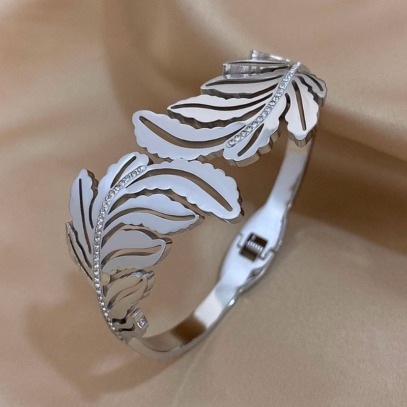 Pulsera Ancha Hoja de Palma plata