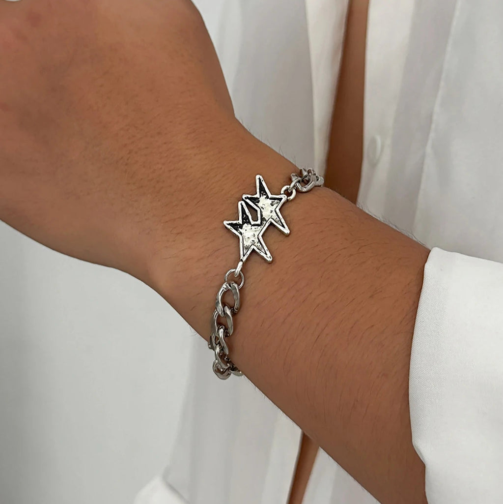 Pulsera de malla cubana con doble estrella de plata