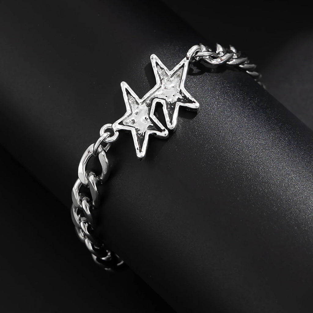 Pulsera de malla cubana con doble estrella de plata