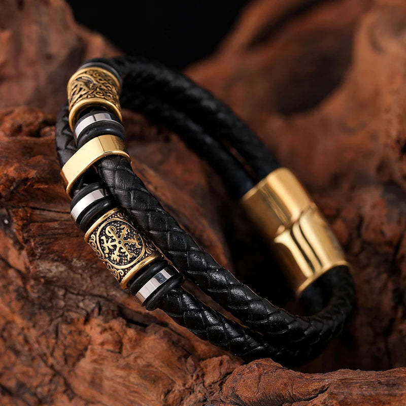 Pulsera Negra de Cuero Mitología Vikinga oro3