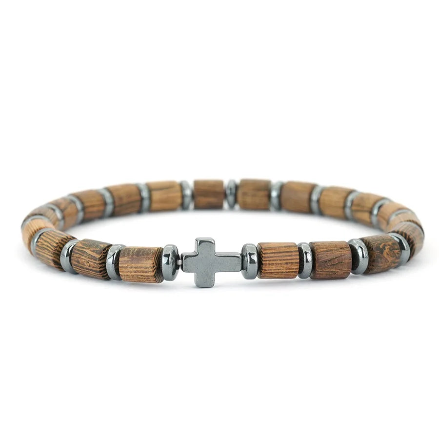 Pulsera con cruz y cuentas con efecto madera