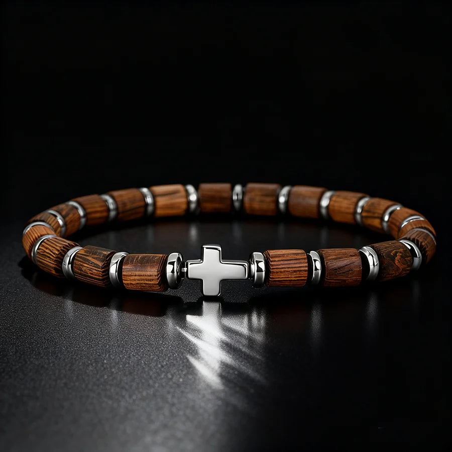 Pulsera con cruz y cuentas con efecto madera