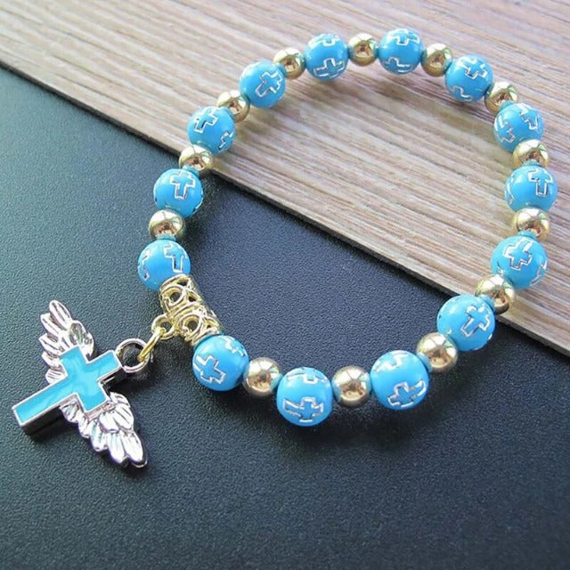 Pulsera de Perlas con Cruz azul