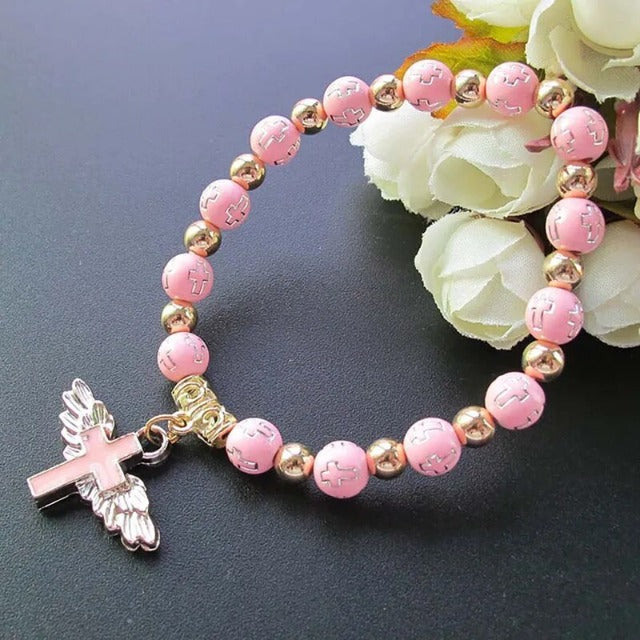 Pulsera de Perlas con Cruz rosa