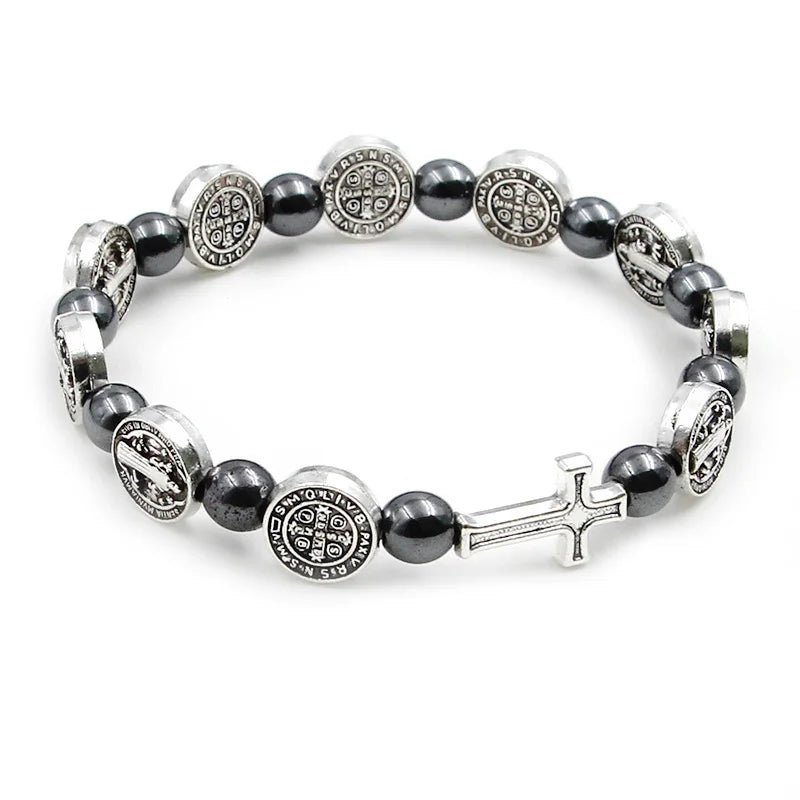 Pulsera con medallas de San Benito y Cruz de plata con medalla grande